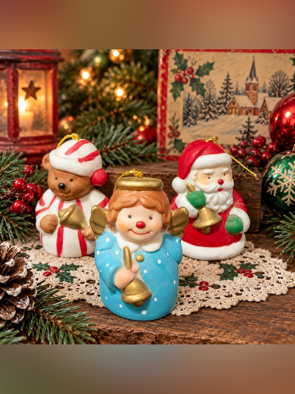 🔍Vintage (1985) Giftco Christmas Bell Ornaments Set of (3) Santa, Angel & Bear